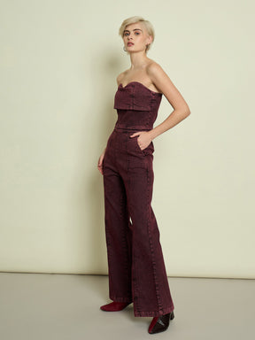 Burgundy Denim Off Shoulder Jumpsuit-SASSAFRAS