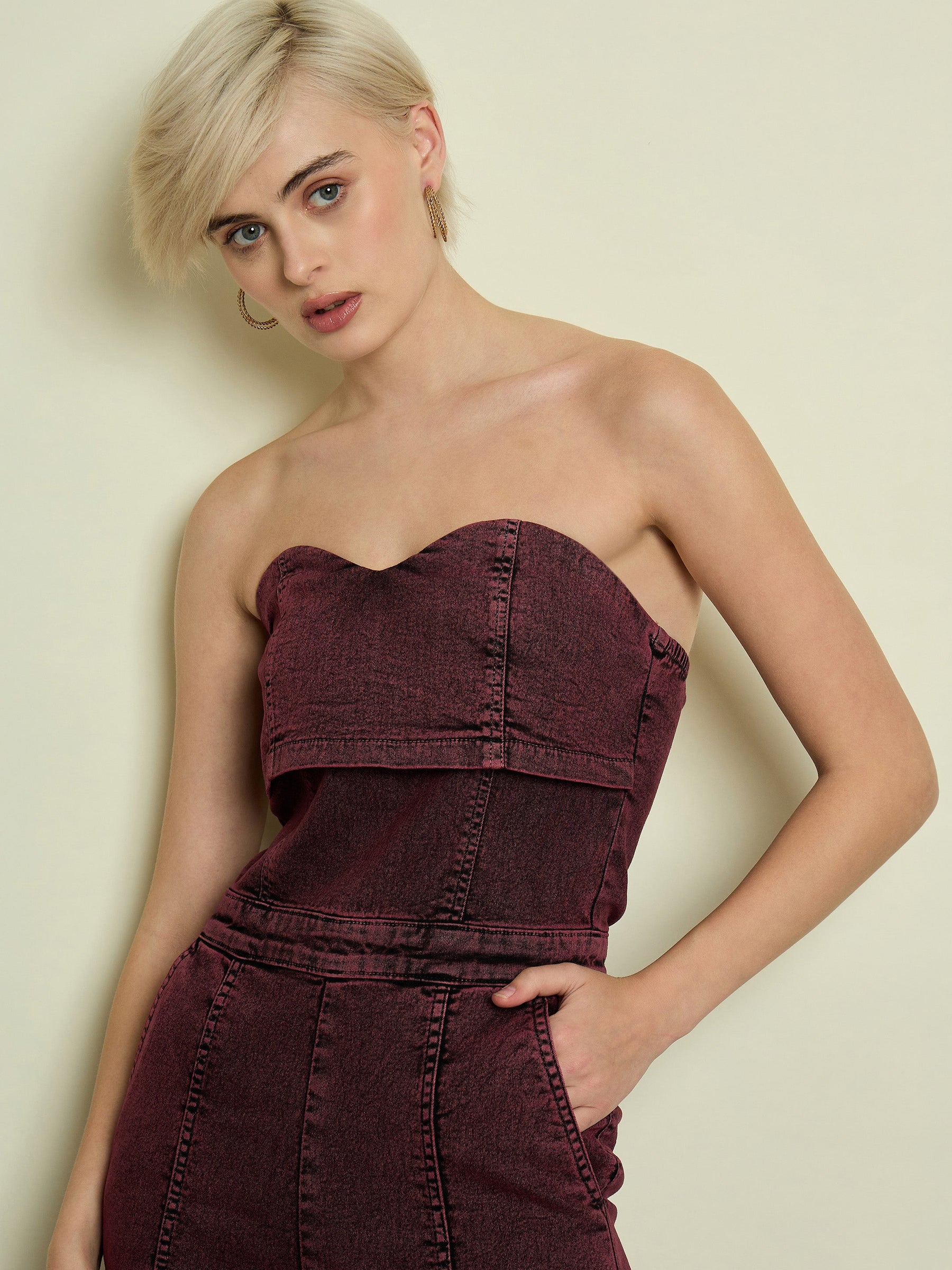 Burgundy Denim Off Shoulder Jumpsuit-SASSAFRAS