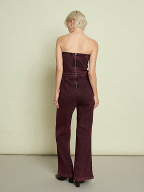 Burgundy Denim Off Shoulder Jumpsuit-SASSAFRAS