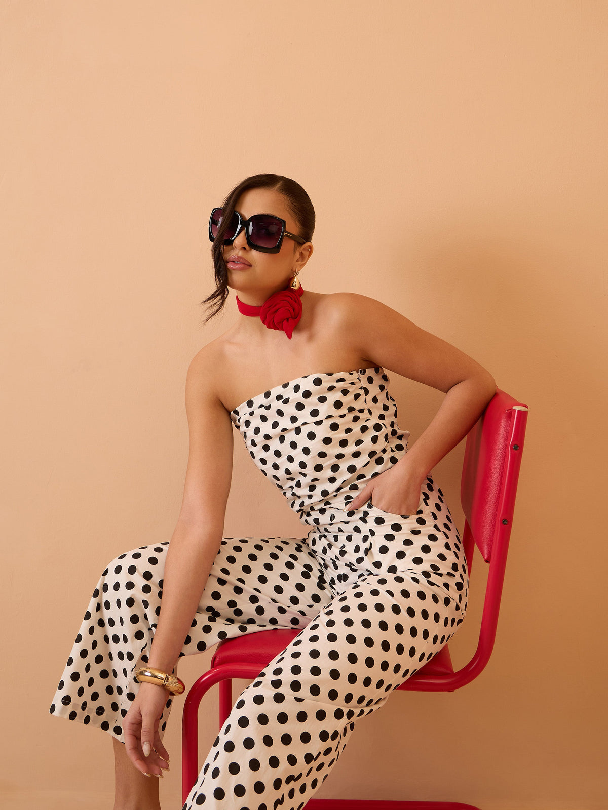 White & Black Small Polka Dot Off Shoulder Jumpsuit-Pink Paprika By SASSAFRAS