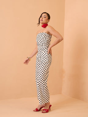 White & Black Small Polka Dot Off Shoulder Jumpsuit-Pink Paprika By SASSAFRAS