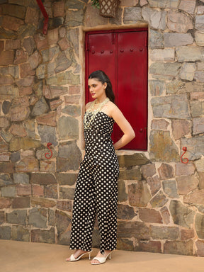Black & White Small Polka Dot Off Shoulder Jumpsuit-Pink Paprika By SASSAFRAS