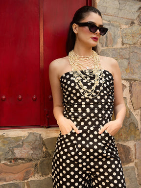 Black & White Small Polka Dot Off Shoulder Jumpsuit-Pink Paprika By SASSAFRAS