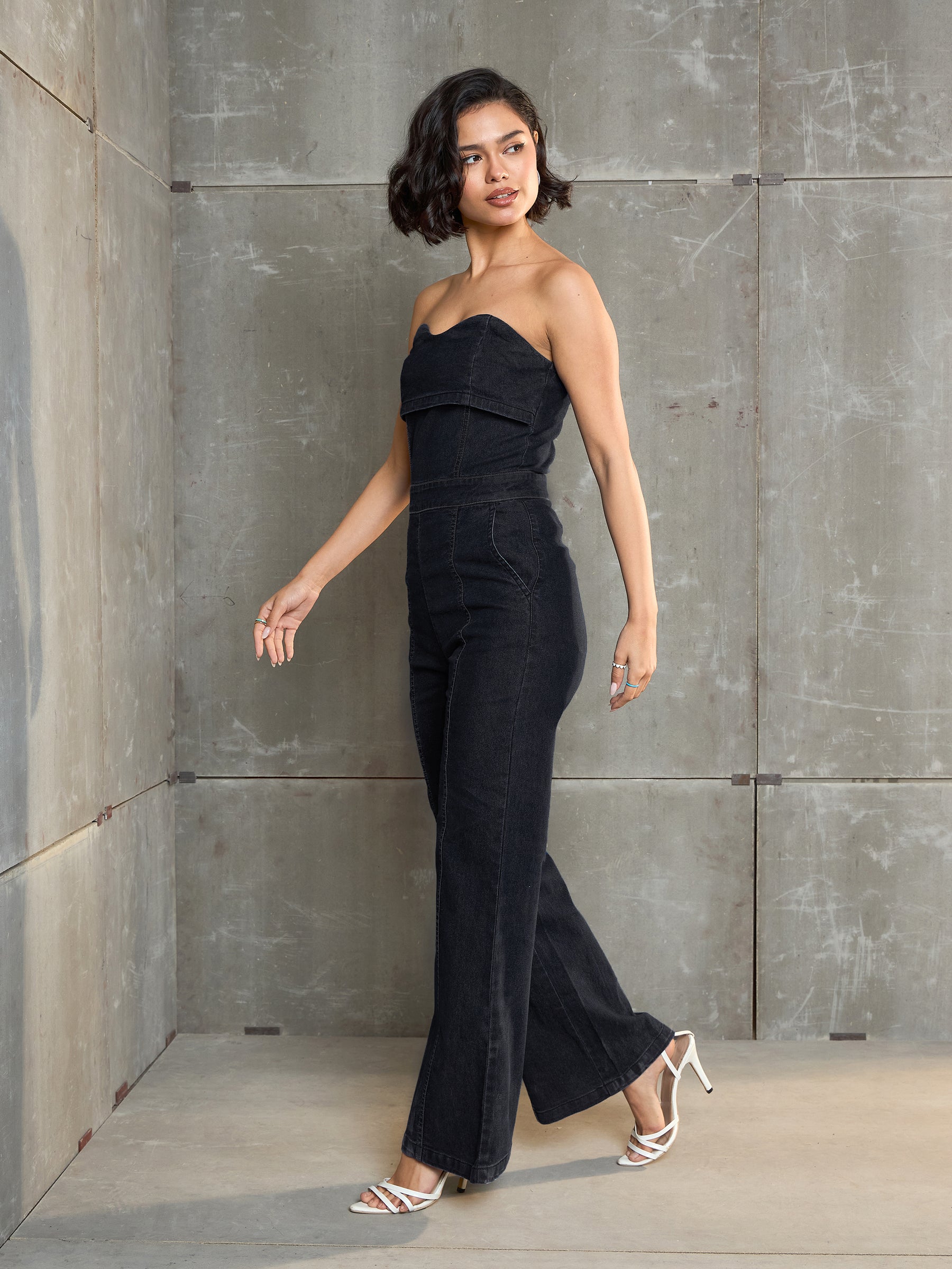 Women Black Denim Wash Off Shoulder Jumpsuit