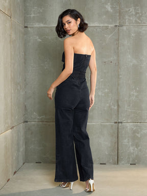 Women Black Denim Wash Off Shoulder Jumpsuit