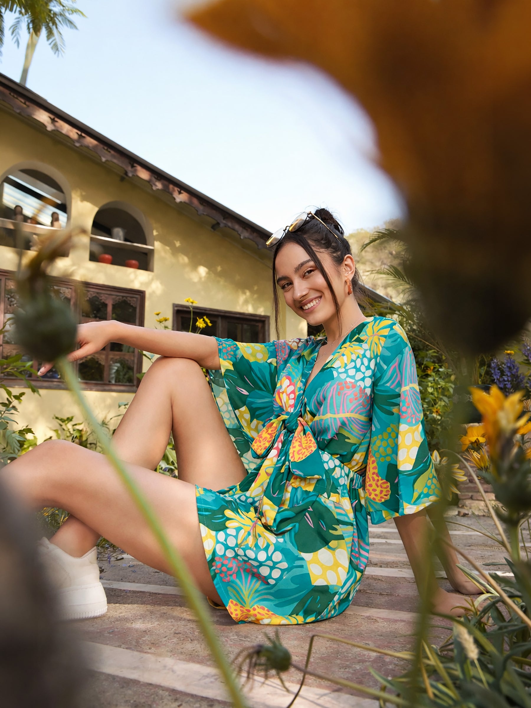 Green Floral Front Tie Knot Playsuit-SASSAFRAS