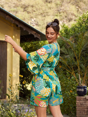 Green Floral Front Tie Knot Playsuit-SASSAFRAS