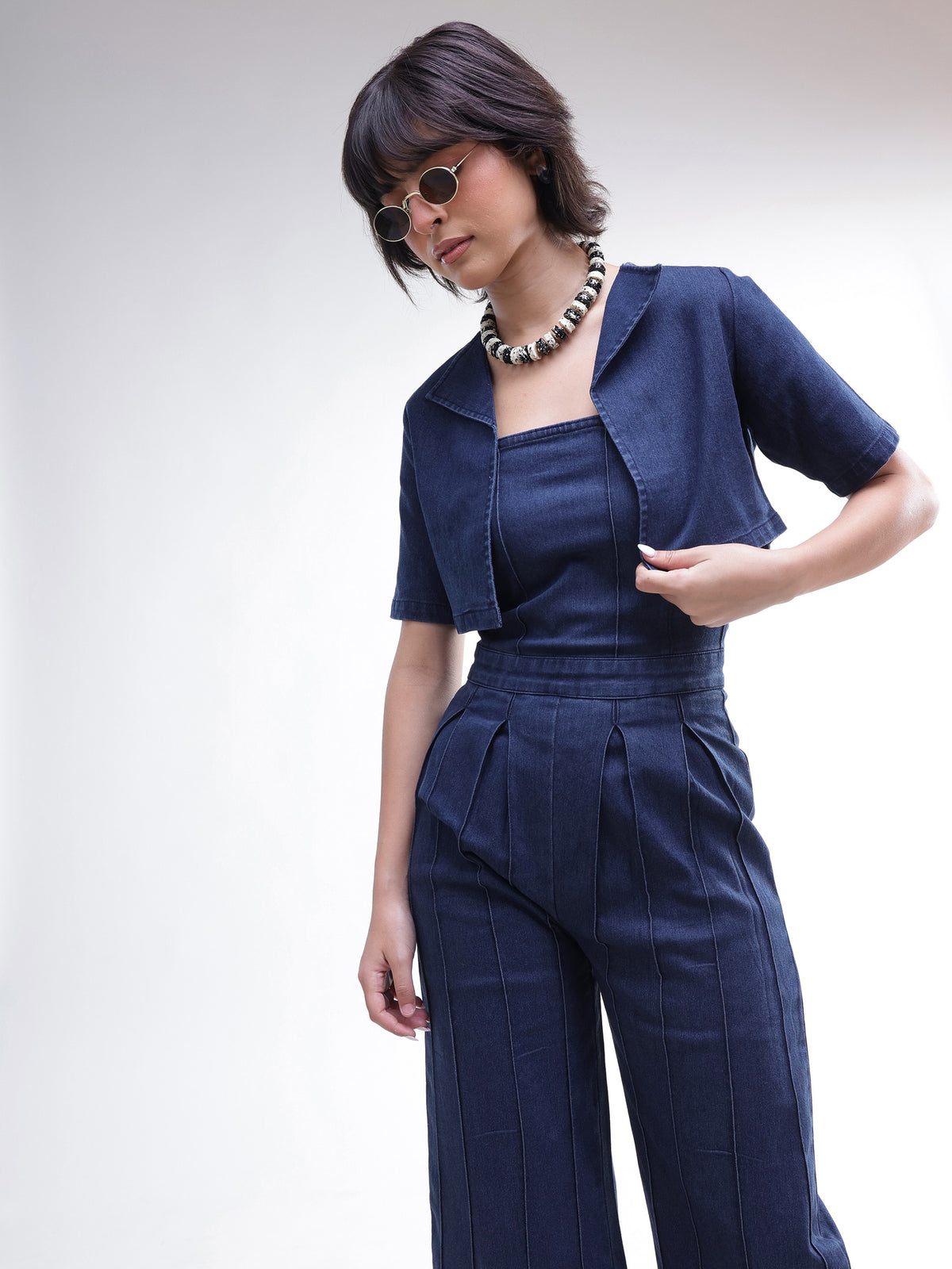 Navy Denim Jumpsuit With Crop Jacket-SASSAFRAS