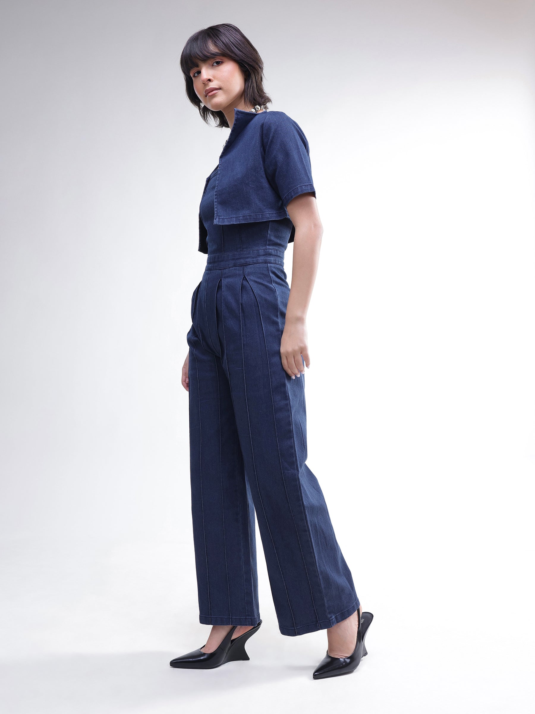 Navy Denim Jumpsuit With Crop Jacket-SASSAFRAS