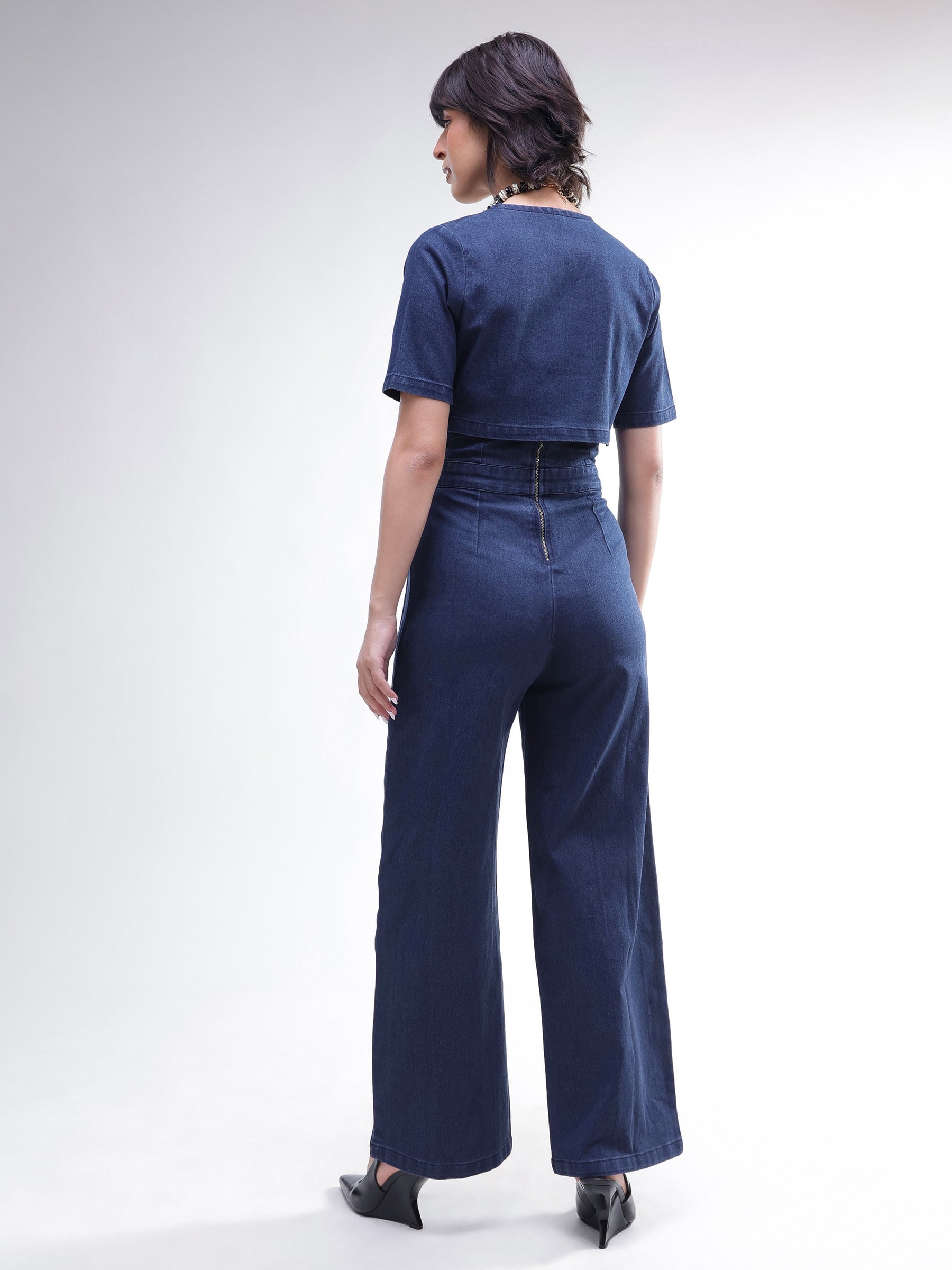 Navy Denim Jumpsuit With Crop Jacket-SASSAFRAS