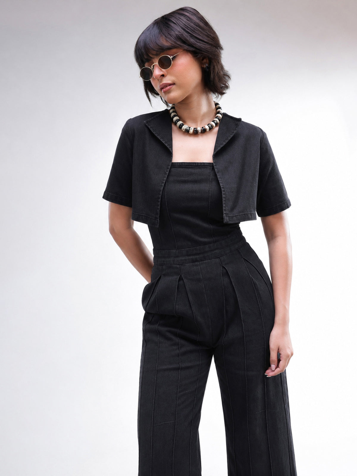 Black Denim Jumpsuit With Crop Jacket-SASSAFRAS