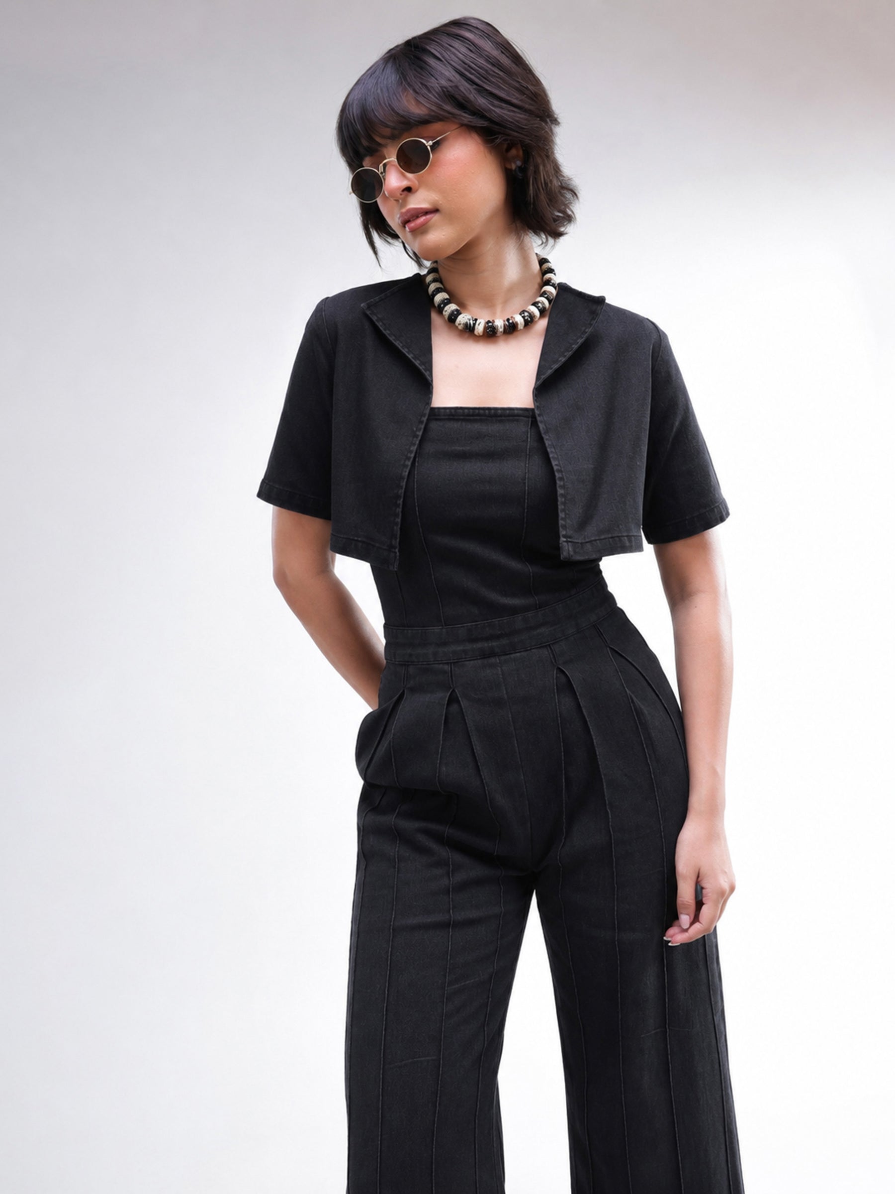 Black Denim Jumpsuit With Crop Jacket-SASSAFRAS