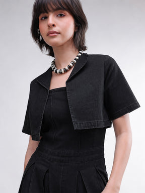 Black Denim Jumpsuit With Crop Jacket-SASSAFRAS