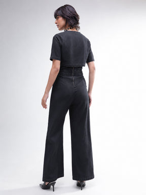 Black Denim Jumpsuit With Crop Jacket-SASSAFRAS