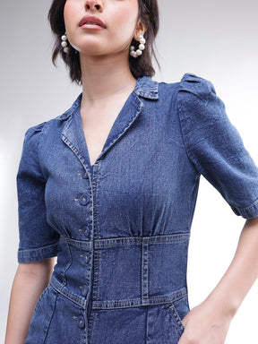 Blue Washed Denim Button Down Jumpsuit-SASSAFRAS
