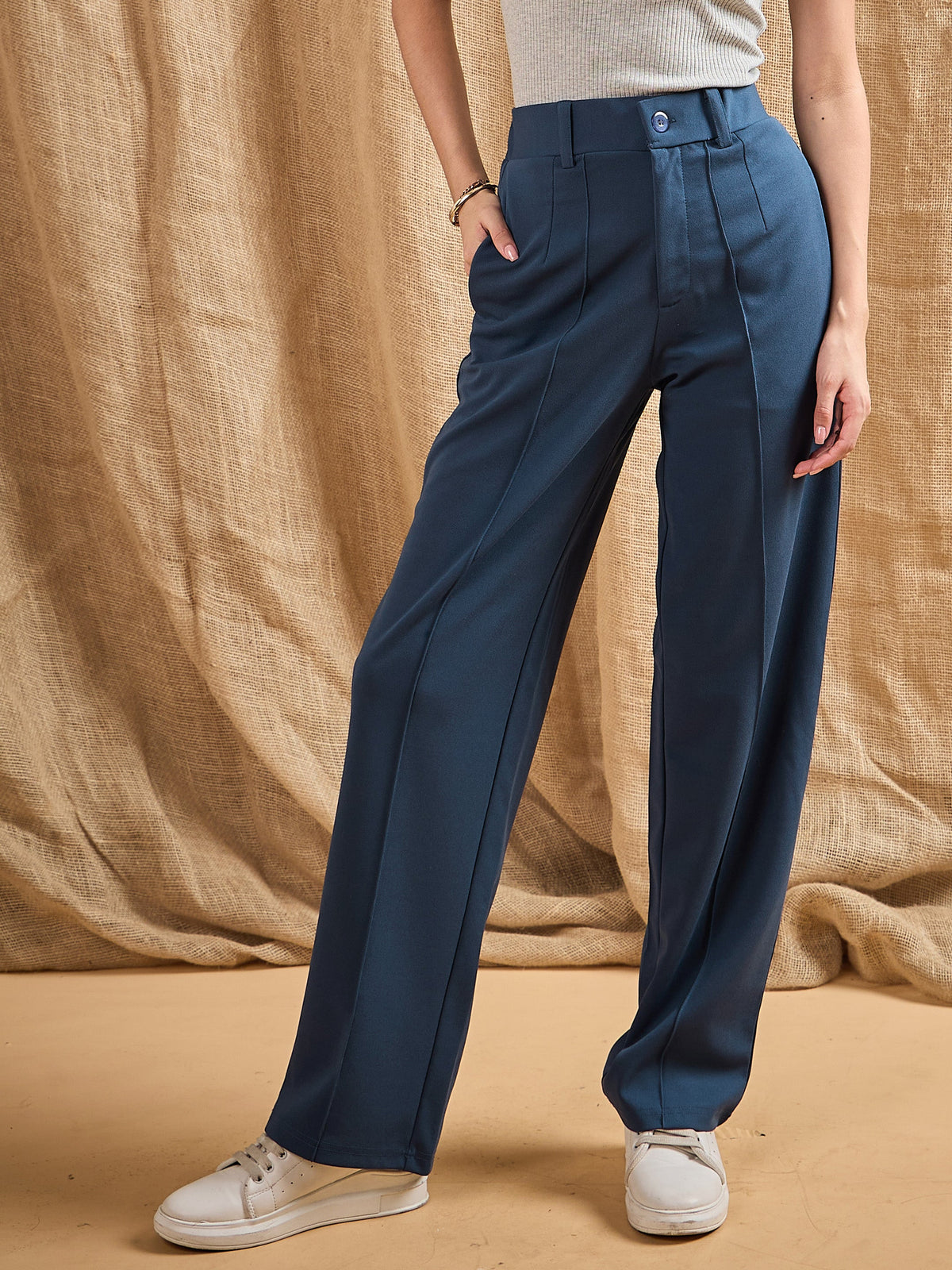 Airforce Blue Front Darted Strechable Pants-SASSAFRAS