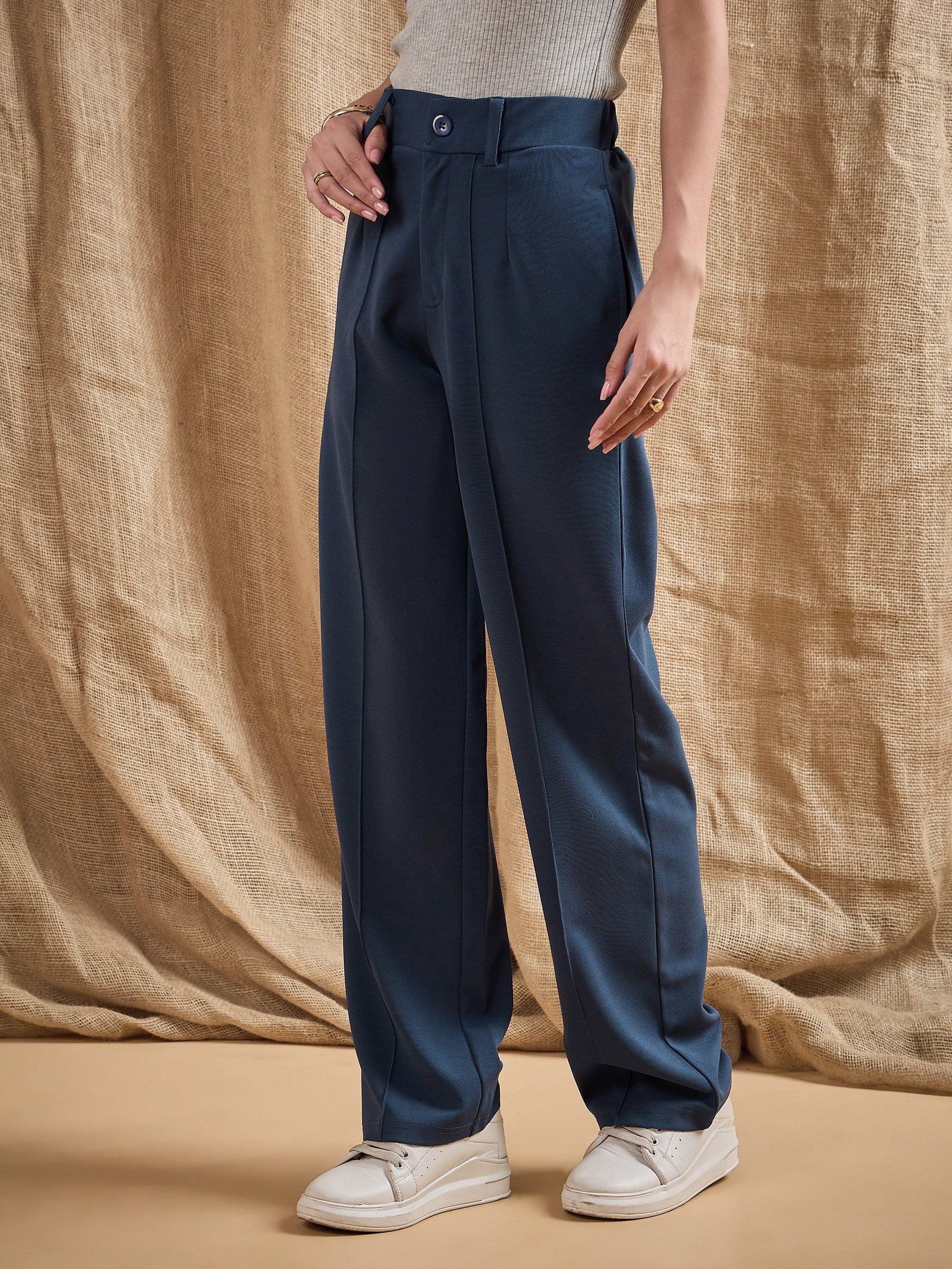 Airforce Blue Front Darted Strechable Pants-SASSAFRAS