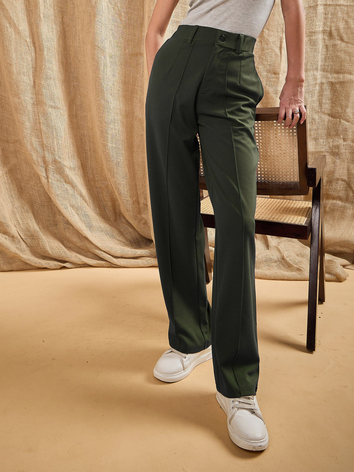 Olive Front Darted Strechable Pants-SASSAFRAS