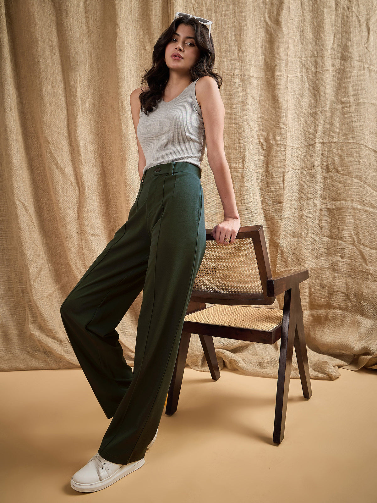 Olive Front Darted Strechable Pants-SASSAFRAS