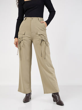 Women Beige Cris Cross Pocket Detail Cargo Pants