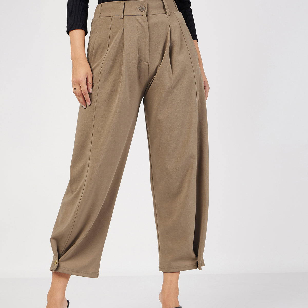 Buy Women Beige Button Hem Darted Balloon Pants Online at Best