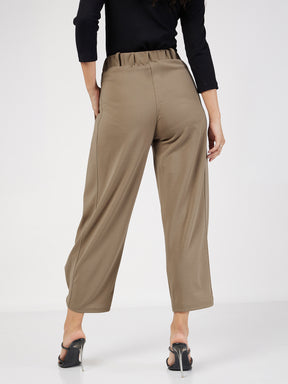 Women Beige Button Hem Darted Balloon Pants