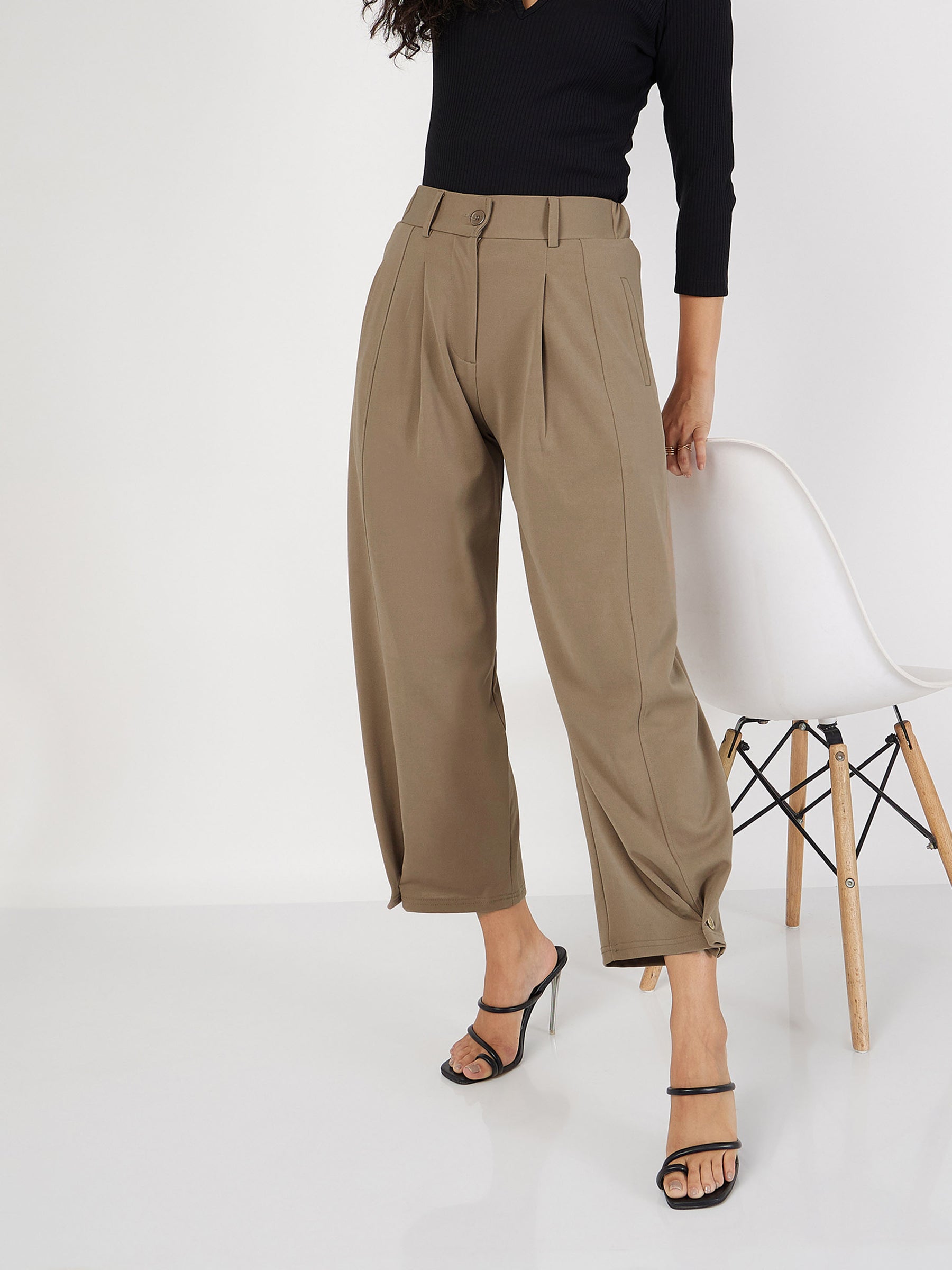 Women Beige Button Hem Darted Balloon Pants