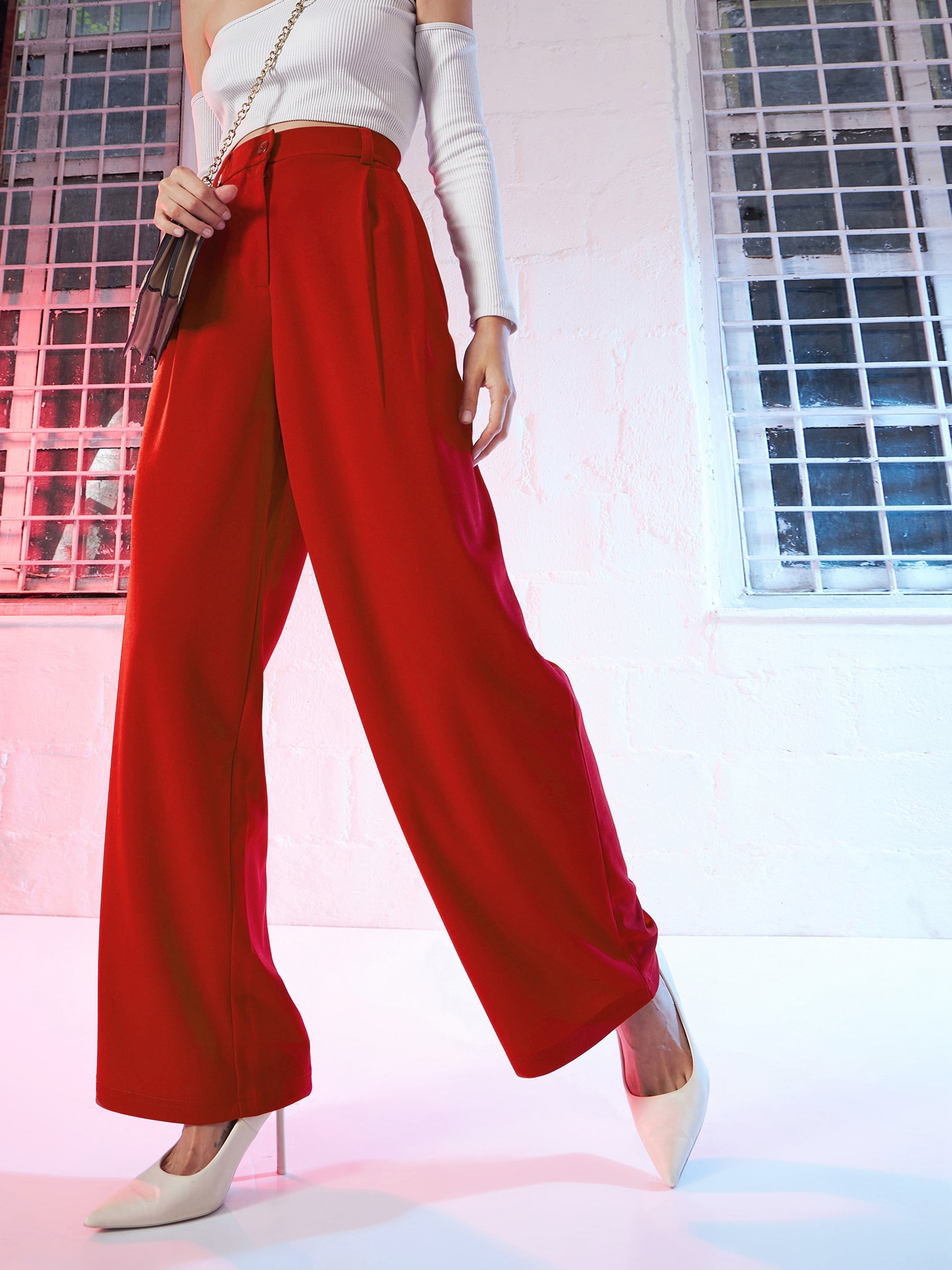 Women Red Korean Pleated Loose Fit Pants