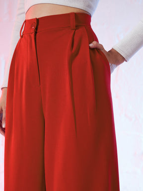 Women Red Korean Pleated Loose Fit Pants