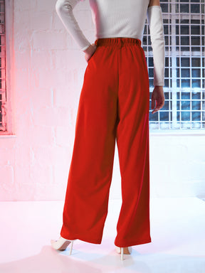 Women Red Korean Pleated Loose Fit Pants