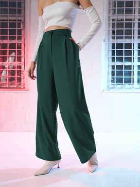 Women Emerald Green Korean Pleated Loose Fit Pants