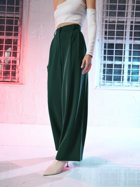 Women Emerald Green Korean Pleated Loose Fit Pants