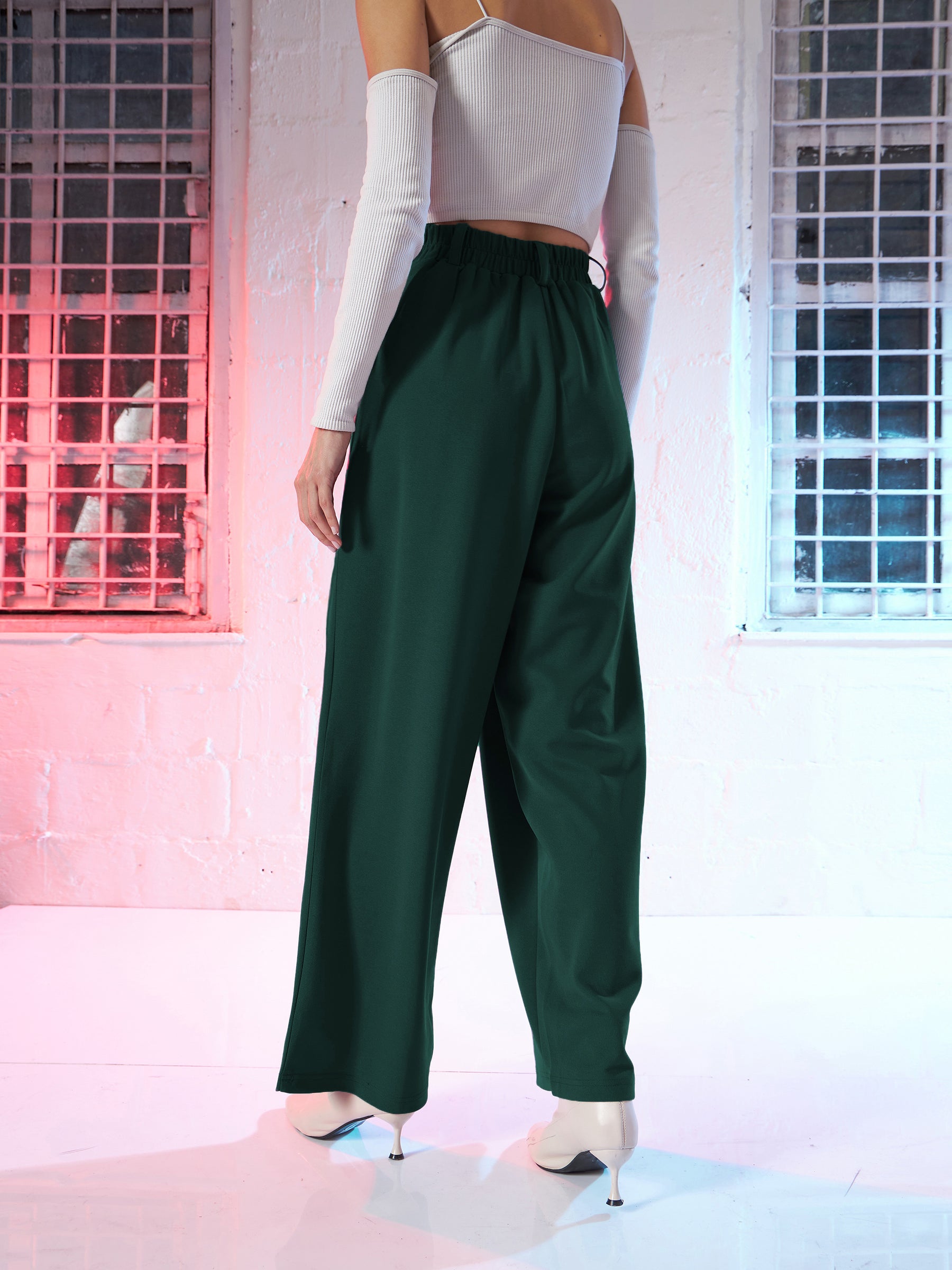 Women Emerald Green Korean Pleated Loose Fit Pants