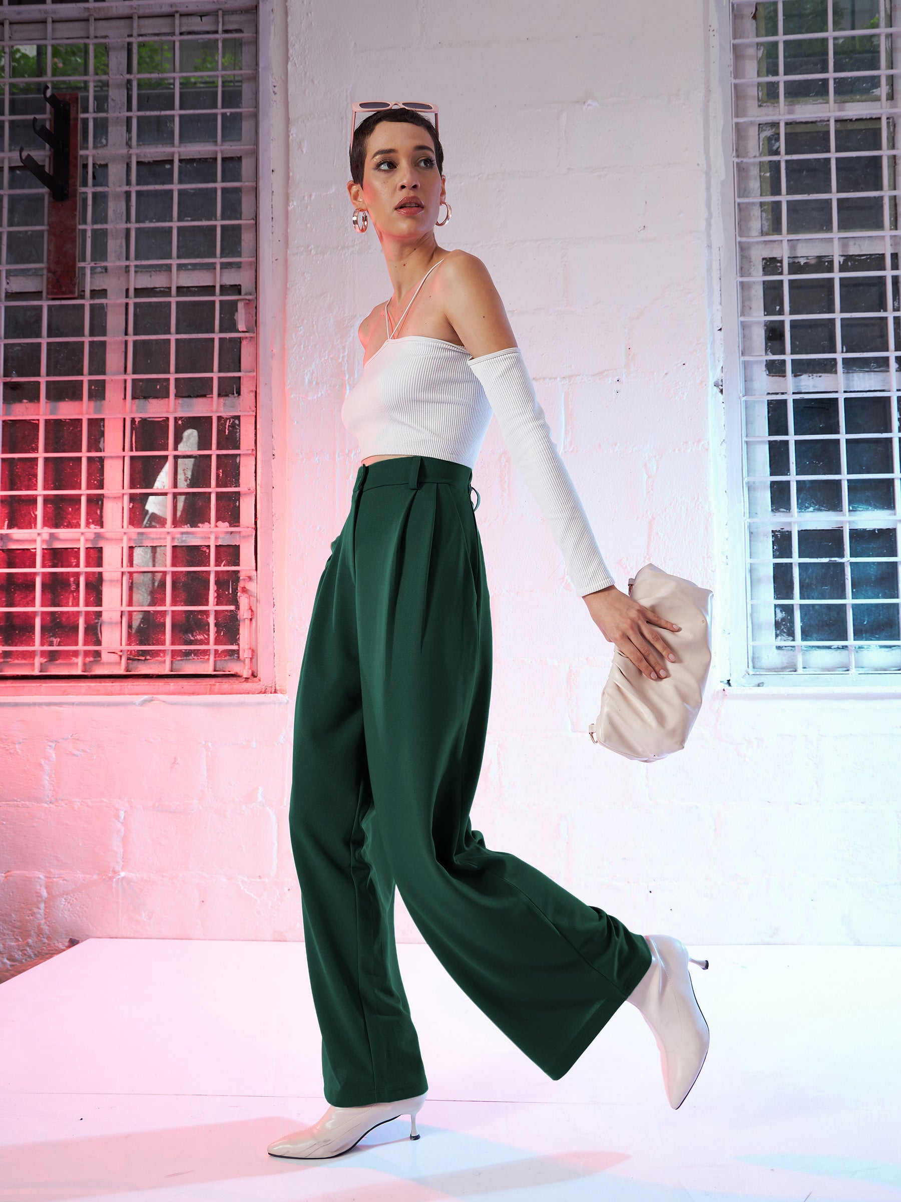 Women Emerald Green Korean Pleated Loose Fit Pants