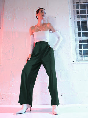 Women Emerald Green Korean Pleated Loose Fit Pants