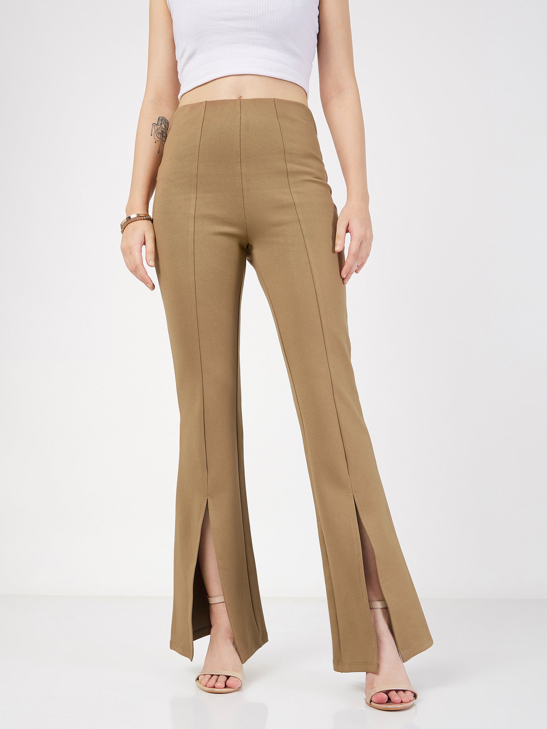 Women Beige Roma Front Slit Bell Bottom Pants1