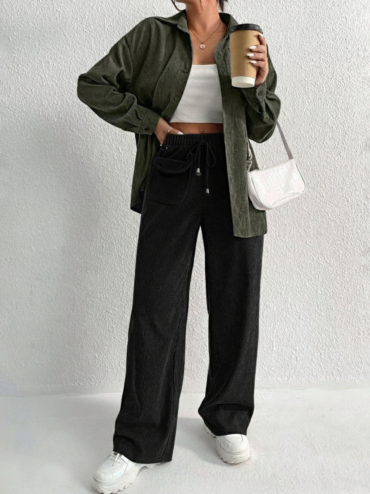 Women Black Corduroy Pouch Pocket Drawstring Pants