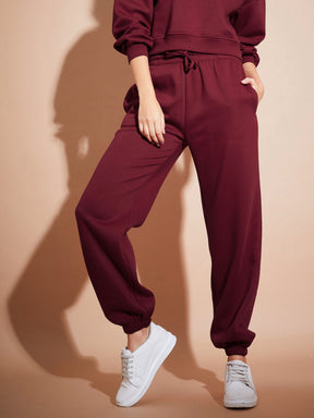 Women Maroon Premium Fleece Baggy Joggers