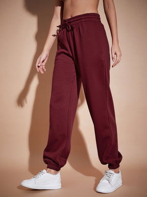 Women Maroon Premium Fleece Baggy Joggers