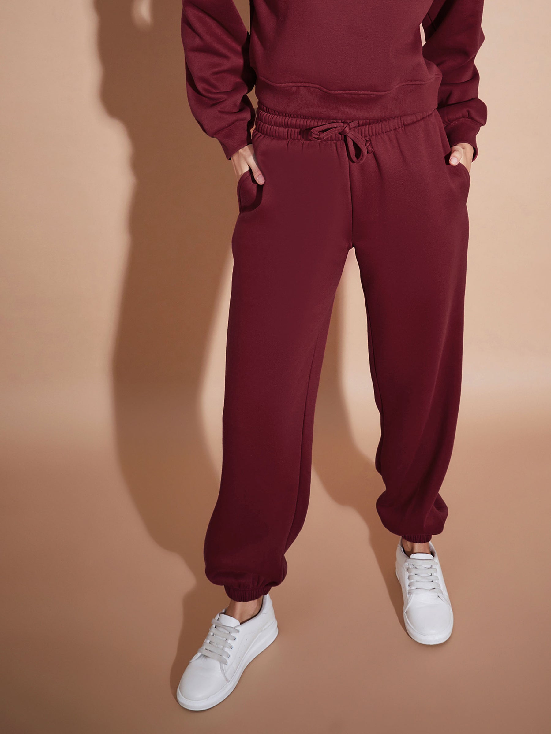 Women Maroon Premium Fleece Baggy Joggers