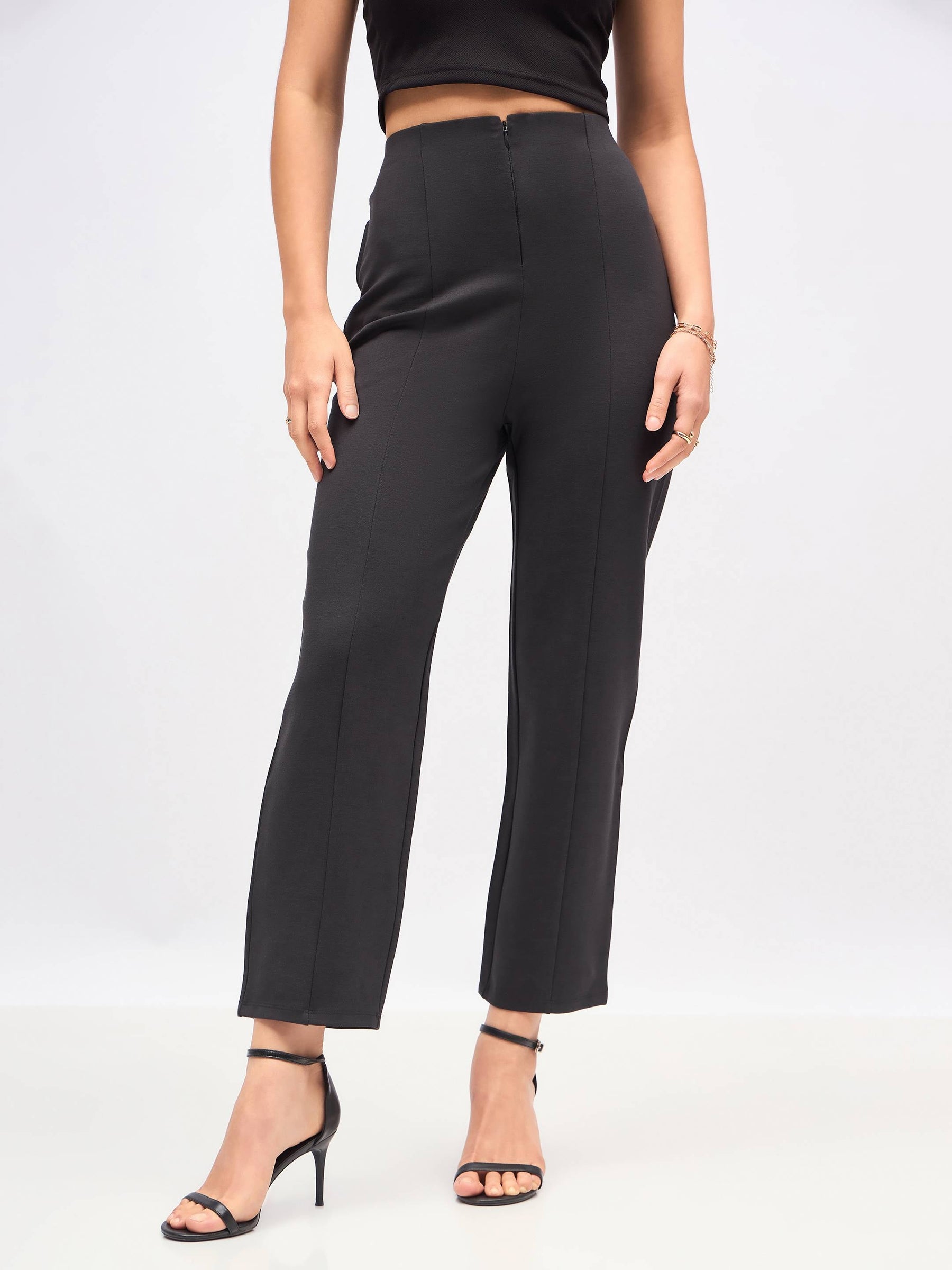 Women Dark Grey Front Darted High Waisted Pants - Main Image