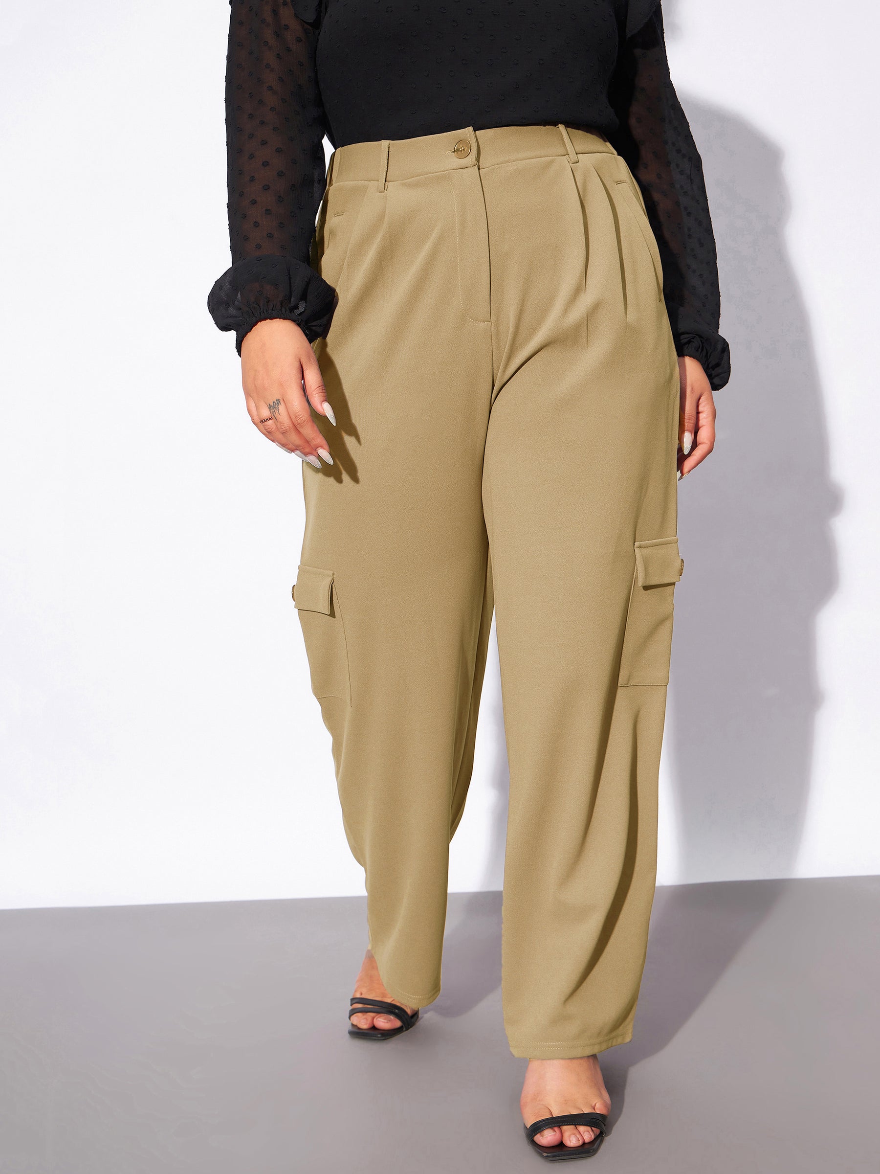 Women Beige Multi Pockets Cargo Pants