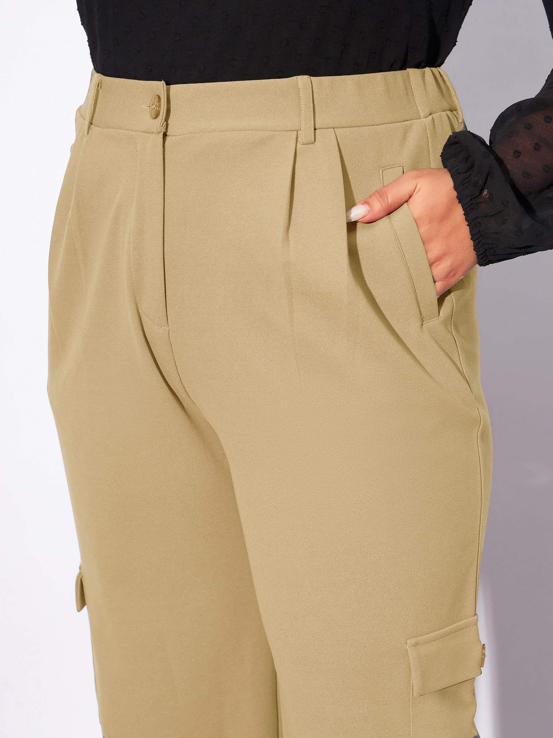 Women Beige Multi Pockets Cargo Pants