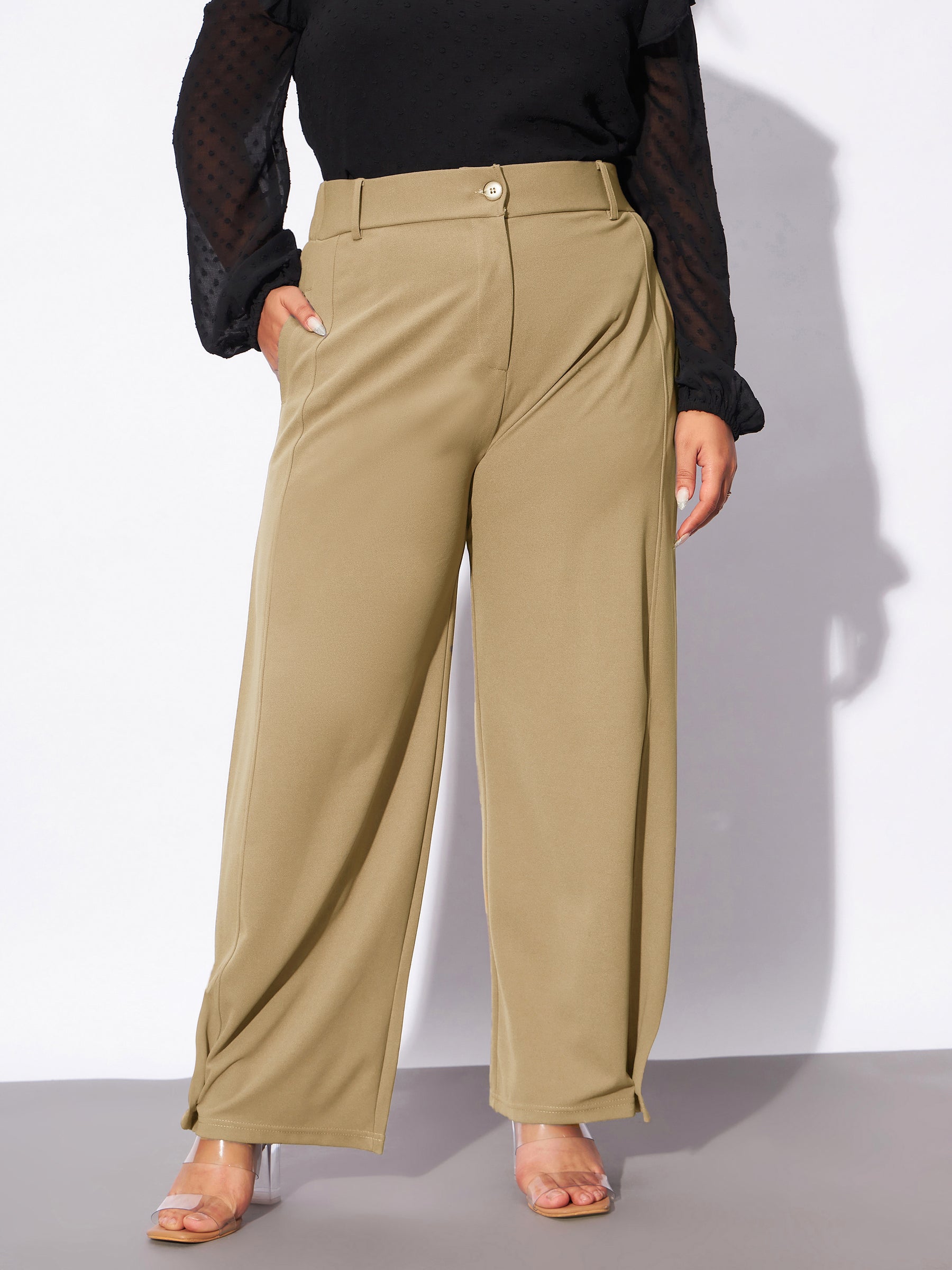 Women Beige Hem Button Detail Straight Pants