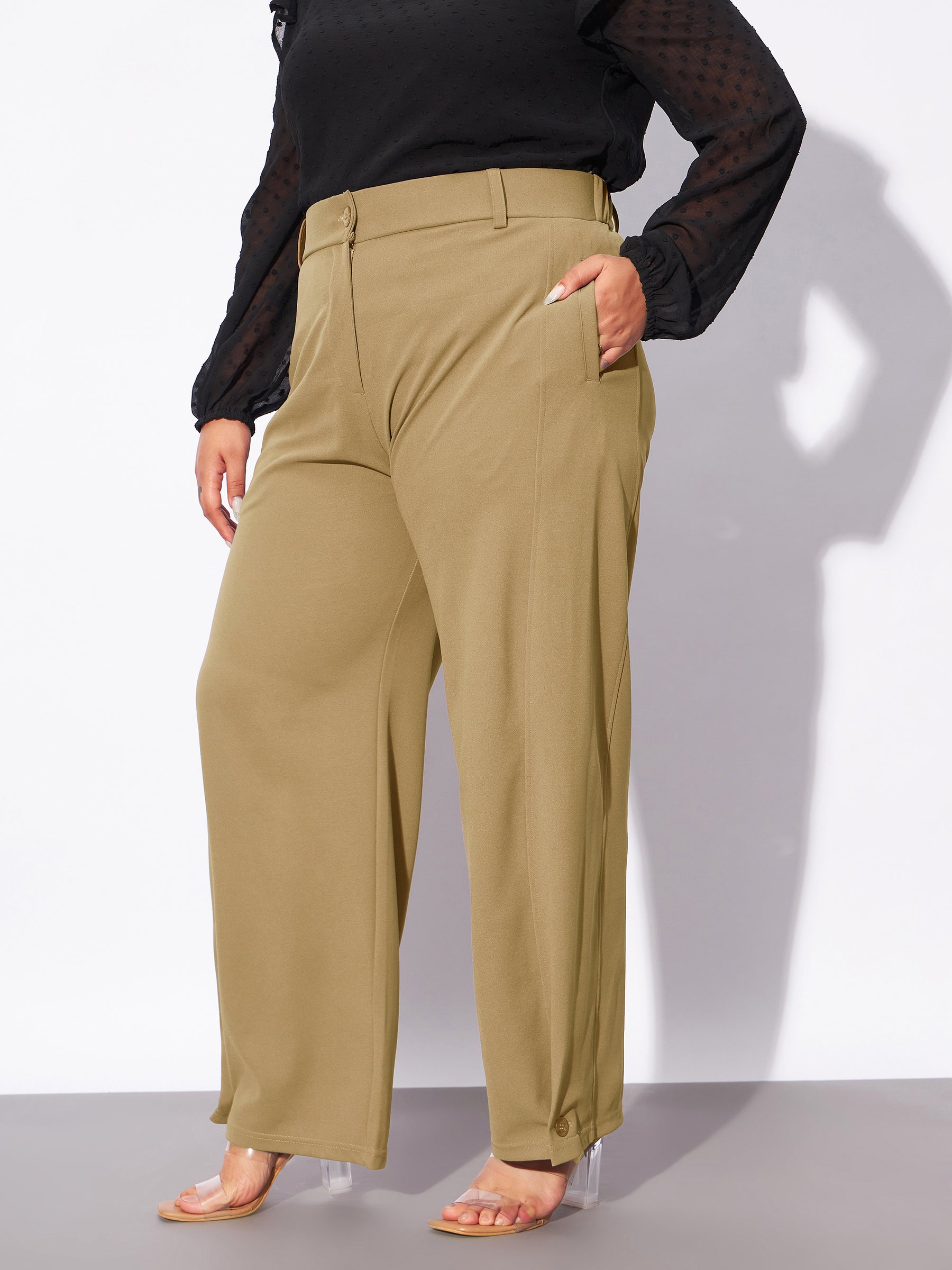 Women Beige Hem Button Detail Straight Pants