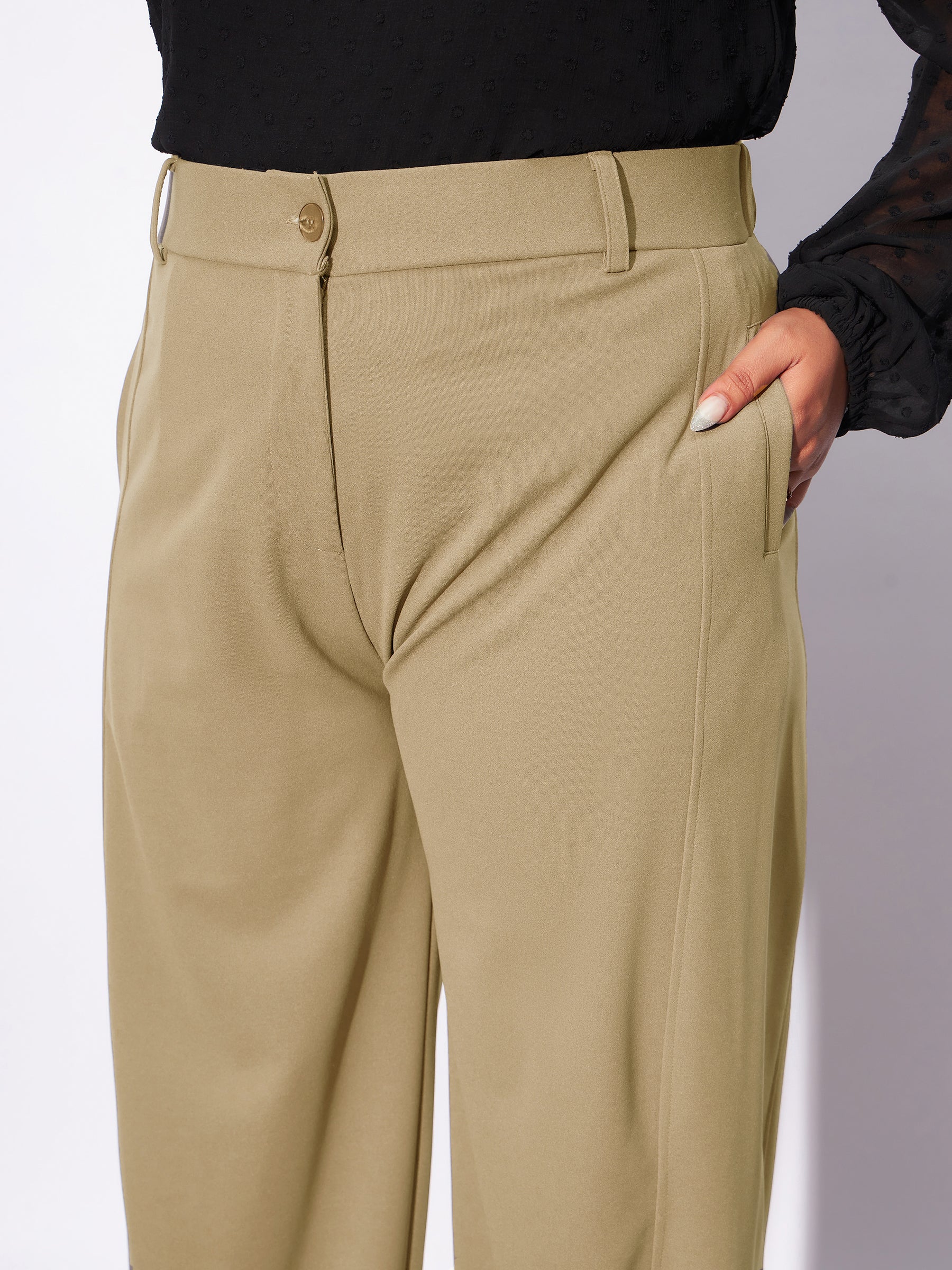 Women Beige Hem Button Detail Straight Pants