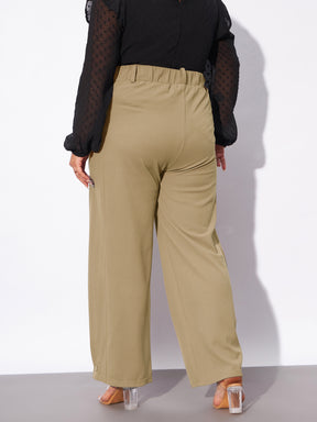 Women Beige Hem Button Detail Straight Pants