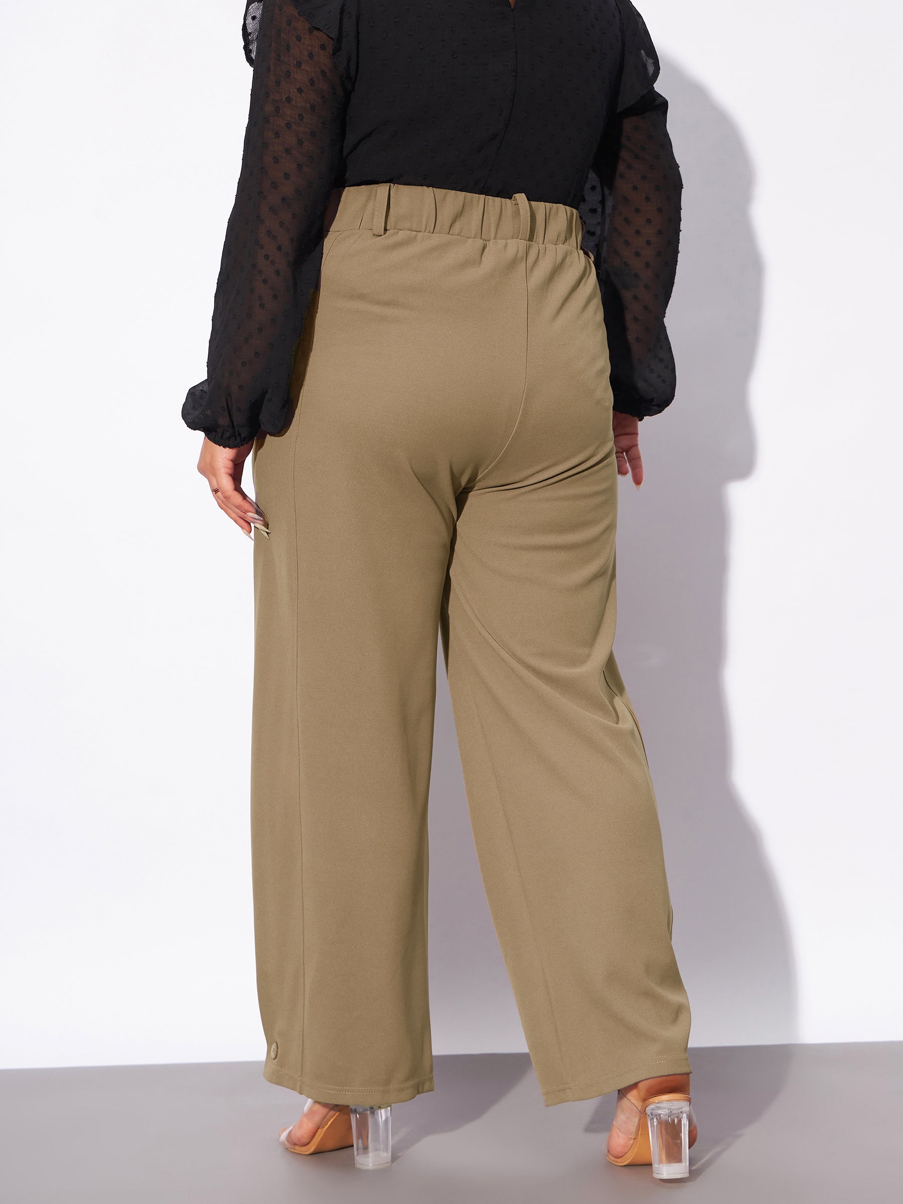 Women Beige Hem Button Detail Straight Pants