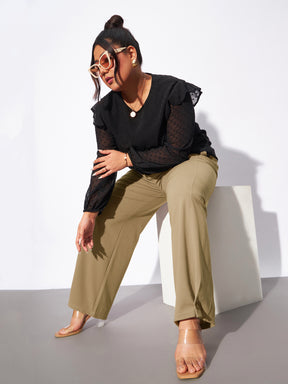 Women Beige Hem Button Detail Straight Pants