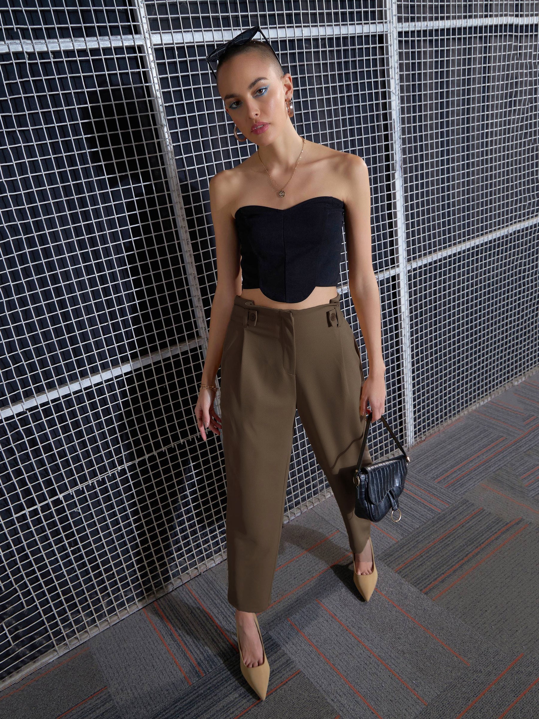 Women Beige Front Button Paperback Waist Pants